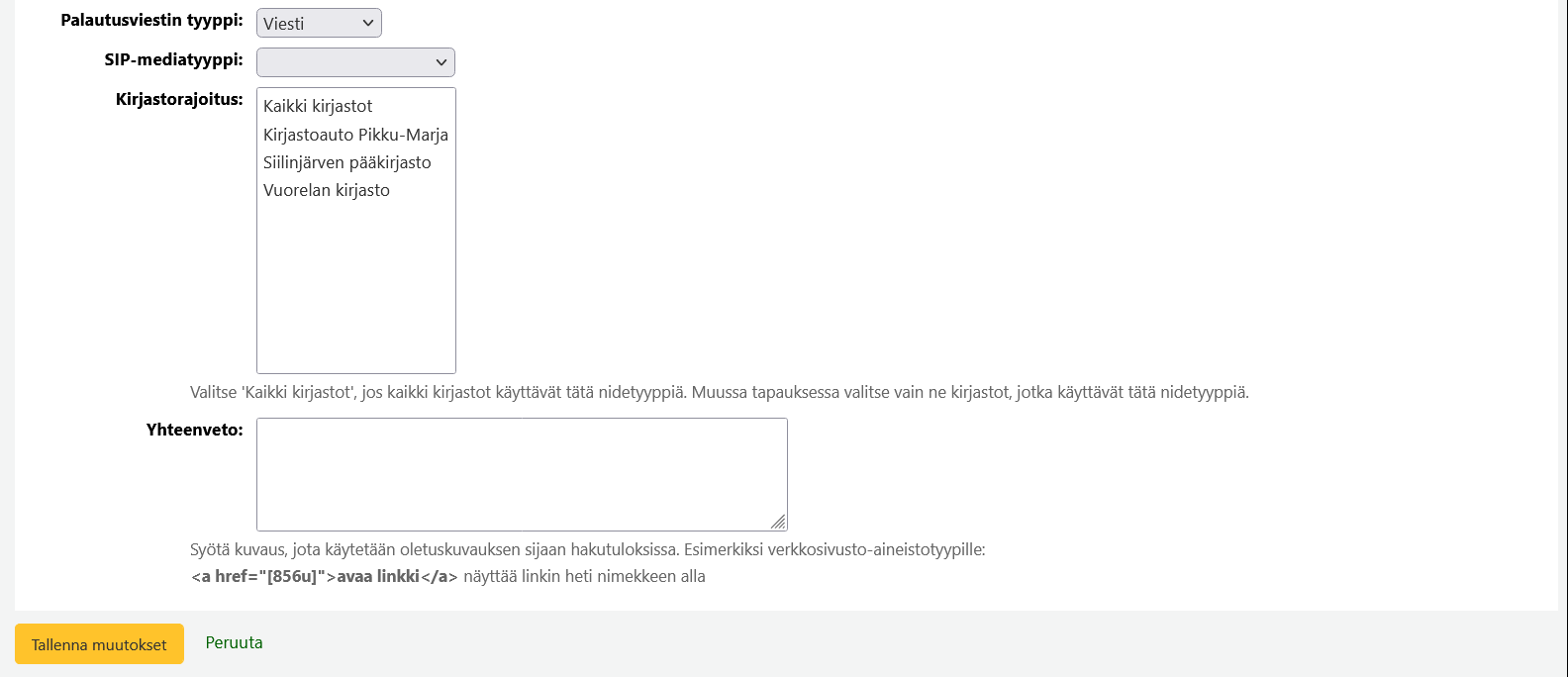 Kuvakaappaus kirjaston lisäyslomakkeesta jatkuu