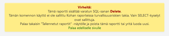 Virheilmoitus, kun kyselyssä on käytetty sanaa SET