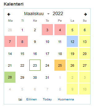 Kuvakaappaus kalenterista, jossa on punaisia, sininen, keltaisia ja oranssi merkintä