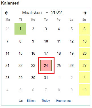 Kuvakaappaus kalenterista, jossa on ympyröity punaisella laatikolla kuluva päivä