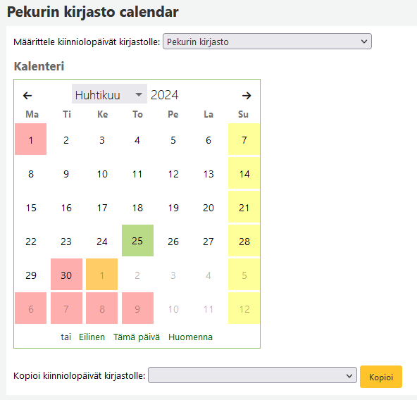 Kuvakaappaus kalenteri-työkalun näkymästä. Kalenterinäkymässä on Oulun kaupungin Pekurin kirjaston kalenteri huhtikuulta 2024.