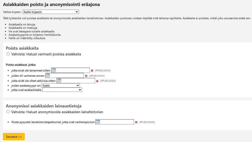 Kuvakaappaus asiakkaiden ja lainatietojen poisto eräajona -sivulta