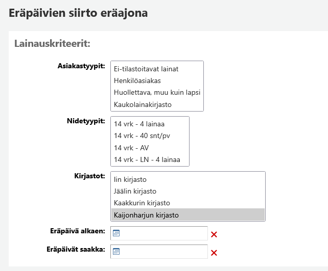 Kuvakaappaus valittavista vaihtoehdoista, joita voi käyttää eräpäivien siirrossa