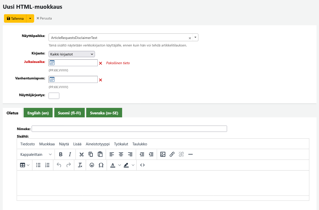 Uuden HTML-muokkauksen lisäyssivu Uuden HTML-muokkauksen lisäyssivu