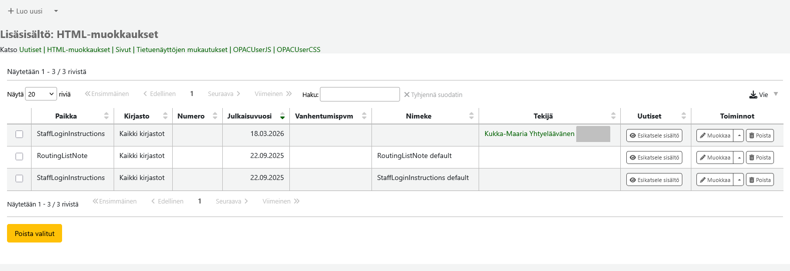Lista olemassaolevista HMTL-muokkauksista Lista olemassaolevista HMTL-muokkauksista