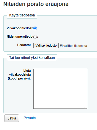 Kuvakaappaus niteiden poisto eräajona -näkymästä