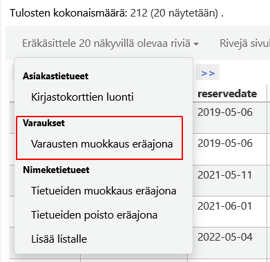 Kuvakaappaus raportin tulosten yläpuolella olevasta valikosta